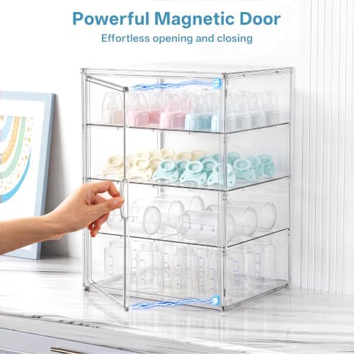 HBlife Baby Bottle Storage Organizer for Countertop Cabinet, 4 Tiers Adjustable Clear Acrylic Bottles Storage Station Case Box Container with 3 Removable Dividers and Magnetic Door, X-Large - Image 4
