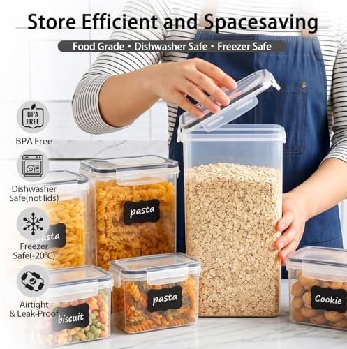 7 PCS Airtight Food Storage Containers with Lids, Plastic Kitchen and Organization Canisters for Cereal, Dry Food, Flour and Sugar, BPA-Free, PVC-Free, Includes Labels & Marker - Image 5