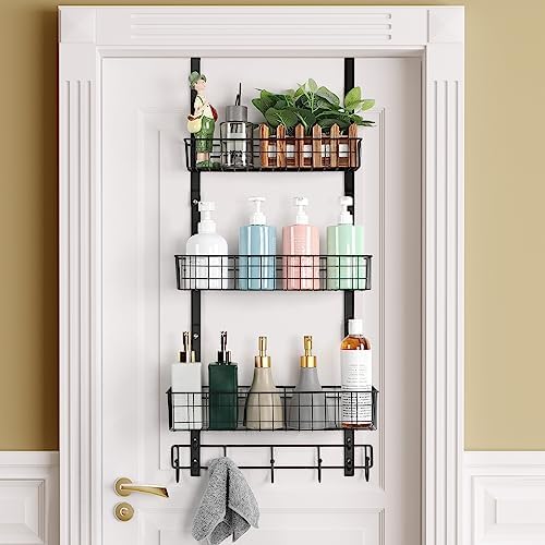 ETELI Over the Door Pantry Organizer 3 Tier Hanging Basket Back Door Storage Rack Shelf Metal Over the Door Shelves with 3 Baskets and 5 Hooks for Bathroom Kitchen Pantry Bedroom, Black by ETELI