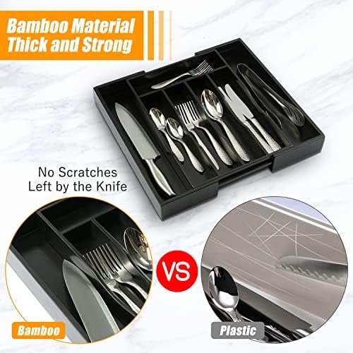 Bellsal Black Silverware Organizer Kitchen Drawer Organizer Expandable Bamboo Utensil Holder Cutlery Tray for Kitchen Utensil and Flatware Bedroom Office - Image 5