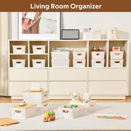 8 Pack Plastic Storage Bins with Bamboo Lids - Stackable Storage Baskets with Handle for Pantry Organizer and Storage, Plastic Containers Bins Lidded Storage Bins for Classroom Office Shelves - Image 5