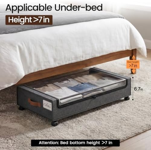Yecaye 60 L Under Bed Storage with Wheels, 2 Pack Under Bed Storage Containers with Clear Window & Label, Rolling Under bed Shoe Storage organizer for Clothes, Shoes, Hemp Grey - Image 4
