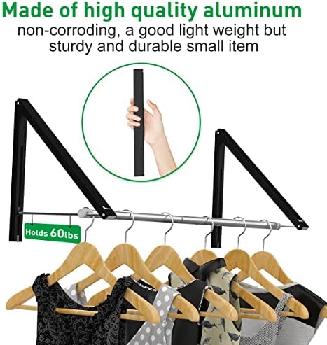 Retractable Clothes Rack - Wall Mounted Folding Clothes Hanger Drying Rack for Laundry Room Closet Storage Organization, Aluminum, 2 Racks with Rod (Black) - Image 2