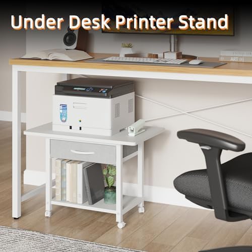 YAOHUOO 22"x15" Large Printer Stand with Drawer, 2-Tier Rolling Table Cart - Image 2