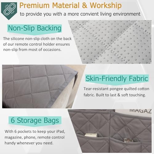 Remote Control Holder for Recliner Non-Slip Armchair Caddy Couch Armrest Organizer, Arm Chair Bedside Caddy Storage Organizer for Recliner Couch With 6 Pockets for Magazine, Tablet, Phone, iPad (Grey) - Image 3