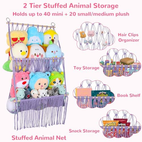 2 Tier Stuffed Animal Storage Net Large Boho Stuffy Plushies Storage,Purple - Image 6