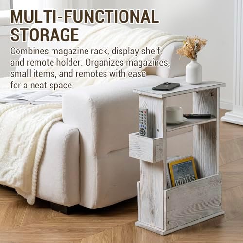 MyGift Wide Side Table, Slim End Sofa Table in Whitewashed Wood with Storage Shelf, Magazine and Remote Holder, Narrow Side Table - Image 4