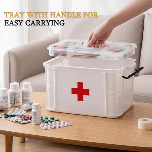 15QT Clear Medicine Organizer Box with Handle, Plastic Medicine Container with Tray First Aid Box Empty, Thickened Medicine Storage Organizer Multipurpose Medication Organizer Storage, White - Image 6
