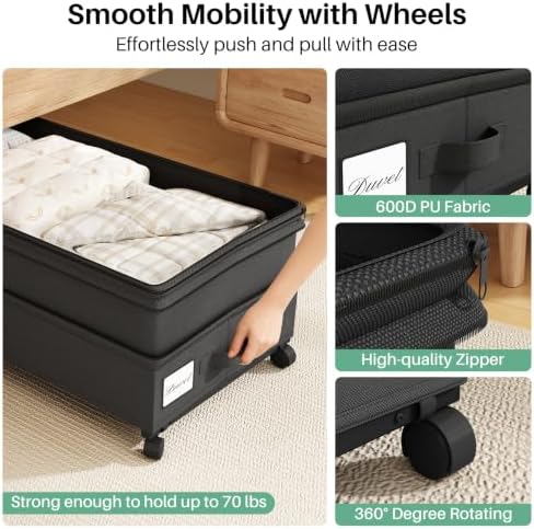 Kitstorack 4 Pack Height-adjustable Under Bed Storage with Wheels, Under Bed Storage Containers,Under Bed Shoe Storage Organizer with Clear Window&Label, Suitable for Clothes Storage, Black - Image 4