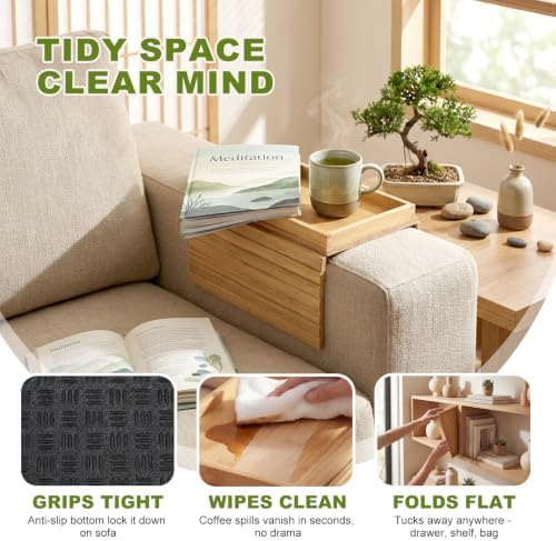 Sofa Arm Tray, Fits 6.5"+ Couch Armrest, Foldable Bamboo Large Storage Tray - Image 3
