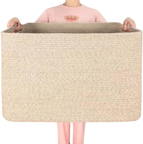 MINTWOOD Design 112L Extra Large Blanket Basket Holder Living Room, 25"x17"x16" Rectangle Rope Woven Storage Basket with Handles for Laundry, Towels, Shoes, Dog Toy Organizer Bin Box, Oatmeal Brown by MINTWOODDesign