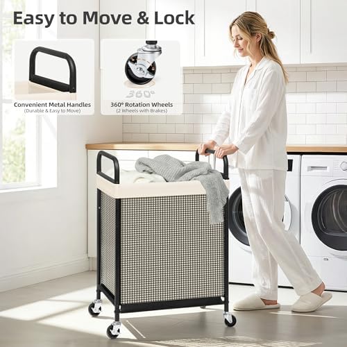 STORAGE MANIAC Rolling Laundry Hamper with Wheels 1-Section Laundry Sorter Rolling Laundrys Basket on Wheels with Removable Bag Clothes Hamper Laundrys Organizer Cart Bathroom Bedroom 90L Beige - Image 5