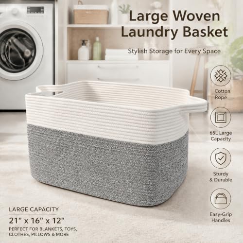 65L Laundry Basket with Handles, Woven Blanket Basket, White/Grey - Image 5