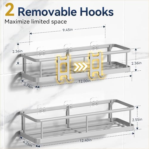 YASONIC Shower Caddy Adhesive, Rustproof Shower Organizer, Large Capacity Shower Shelves for Inside Shower, No Drilling Bathroom Organizers and Storage for Home Decor （2 Pack Grey） - Image 6