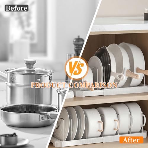 1 Pack Expandable Pots and Pans Organizer Under Cabinet, 13-22" Kitchen Cabinet Organizer with 10 Adjustable Dividers and 10Pcs Pot Protectors for Lids, Baking Sheets & Cookware (1, White) - Image 7
