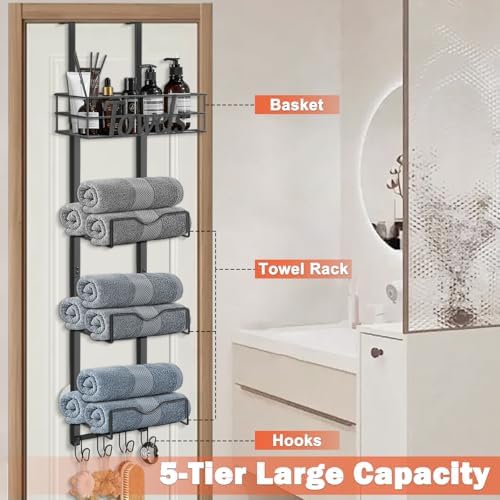 Over The Door Towel Racks, No Drill Towel Storage with Basket & Hooks, Space-Saving Multi-Functional Towel Holder for Bathrooms, bedrooms, Apartments, RVs (Matte Black, 5 Tier) - Image 3