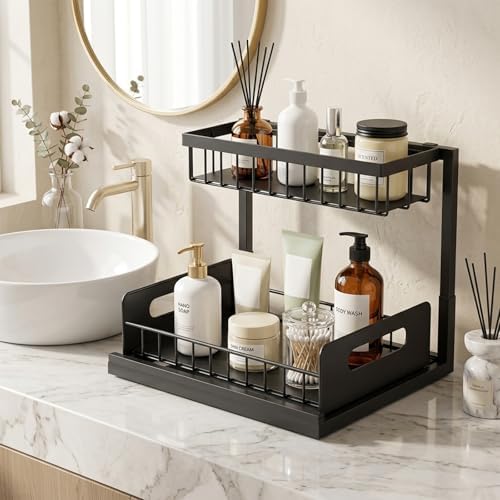 Under-Sink Storage Organizer (2-Pack) — Double-Tier Pull-Out Cabinet Organizer with Sliding Drawers ，Heavy-Duty & Versatile Storage Rack for Kitchen, Bathroom, and Pantry，Black - Image 3