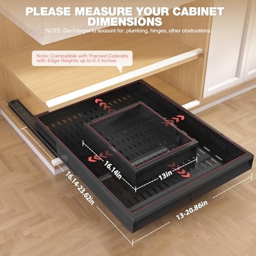Seinloes Pull Out Cabinet Organizer, 4-Side Expandable to Fit Most Cabinets, 3 Rail Slide Out Drawers with Raising Pad for Framed & Frameless Cabinets, 13"-21" W x 17"-24" D, Black, 4 Pack - Image 3