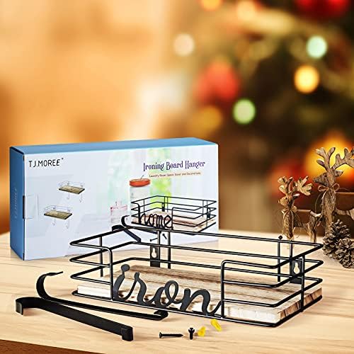TJ.MOREE Hanger wall mount - Laundry Room Iron and ironing board Holder, Metal with Large Storage Wooden Base Basket and Removable Hooks (Black) - Image 2