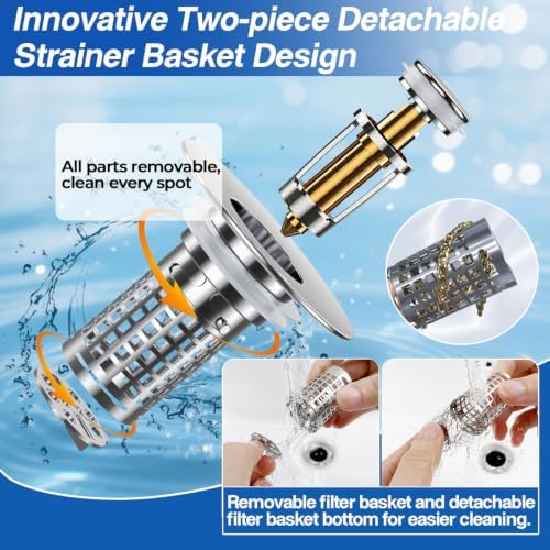 Sink Stopper Hair Catcher, Pop-up Sink Drain Strainer with Removable Stainless Steel Strainer Basket Hair Catcher, Bathroom Sink Strainer for Bathroom Sink Stopper (2PCS) - Image 4