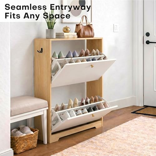 Nicetree Shoe Storage Cabinet with 2 Flip Drawers, Natural Oak and White - Image 4