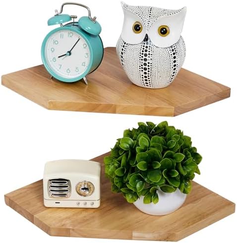 Corner Wall Shelves, Corner Floating Shelves Set of 2 Solid Oak Wood Display Shelf with Wire Hole Small Plant for Kitchen Living Room Natural by Coamily