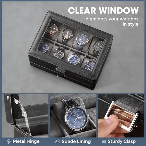 ProCase Premium Watch Box for Men, Jewelry Organizer Box with Drawer, Display Storage Case with Glass Lid -Black, 8 Slot - Image 3