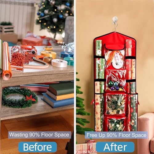 Hanging Wrapping Paper Storage Organizer, Double-Sided Gift Wrap Holder, 360° Rotating Gift Bag Storage Organizer for Your craft, Accessories, Gift Warp Supply, Wrap Ribbon and Stationery (Red) - Image 4