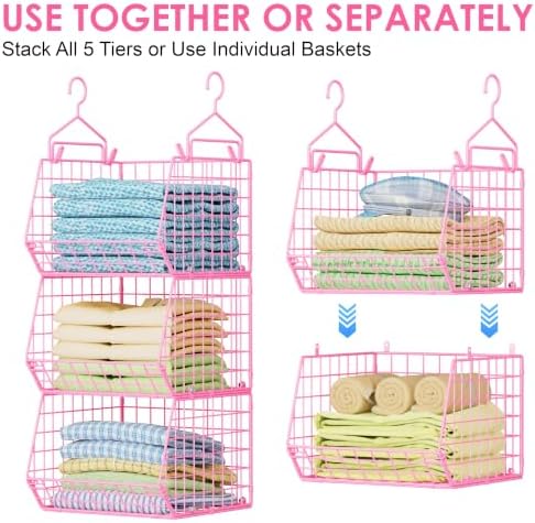 5 Tier Closet Hanging Organizer, Clothes Hanging Shelves with 4 Hanging Hooks 5 S Hooks, Wire Storage Basket Bins, for Clothing Sweaters Shoes Handbags Clutches Accessories Patent Design-Pink - Image 6
