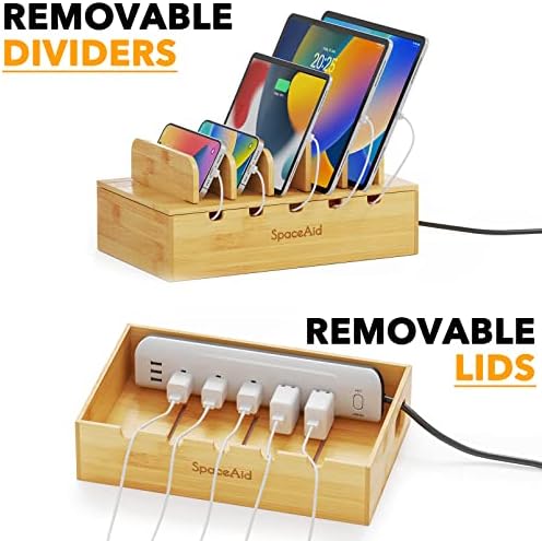SpaceAid Bamboo Charging Station for Multiple Devices, Cell Phone Docking Stations for Multi Laptop, Tablets and iPads, Nightstand Bedside Desk Device Charger Organizer (Natural) - Image 3