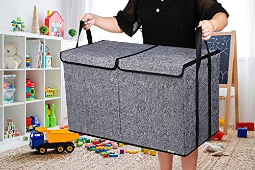 YOLOXO Large Kids Toy Box Chest Storage organizer with Double Flip-Top Lid - Collapsible Sturdy Toy Organizers And Storage Bins With Big Handles For Nursery, Playroom, 26.8"x13.8"x16"(Grey) - Image 6