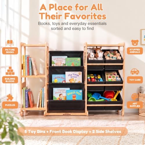 Kids Bookshelf & Toy Storage Organizer with 5 Gray Bins - Image 4