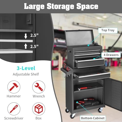 Winado 4-Drawer Rolling Tool Chest, 2-in-1 Large Storage Toolbox, Black - Image 5