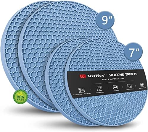 Silicone Trivet Mats - Walfos Heat Resistant Pot Holders Set, 4pcs 2 Sizes 7 Inch & 9 Inch, Multipurpose Non-Slip Hot Pads for Hot Pot, Hot Dishers, Jar Opener, Food Grade & BPA Free (Nordic Blue) by Walfos