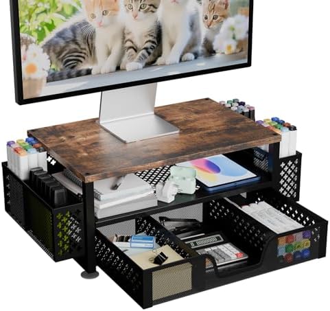 Simple Trending Monitor Stand with Drawer, 2-Tier Laptop Stand, Wood by SimpleTrending