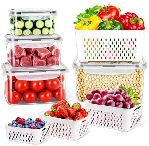 8 Pieces Fruit Storage Containers for Fridge with Lids and Strainer by ODOMU