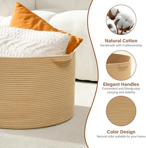 Foldable Laundry Hamper Basket with Collapsible Handle Cotton Rope Soft Woven Fabric Storage Organizer Clothes Toys Nursery Bedroom Dorm Space Saving Bin (Camel, 80L(21.7"D x 13.8"H)) - Image 4