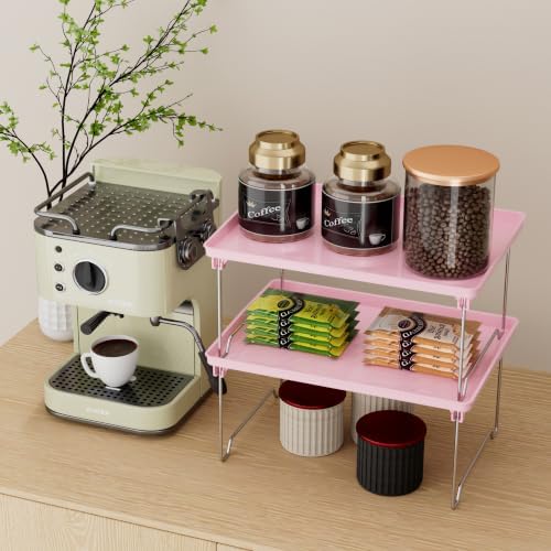 STARLATTA 2 Pcs Cabinet Organizer Shelf，Stackable Kitchen Counter Shelves, Spice Rack,Countertop Organizers，Pink Plastic Storage Shelves Rack for Makeup，Bathroom, Cupboard，Desk，Pantry Organization - Image 5