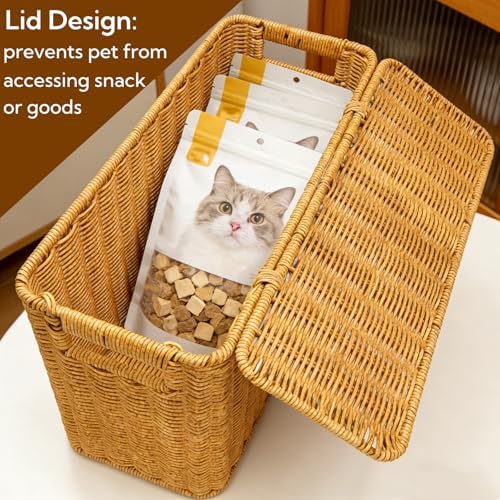 Pumtus Woven Storage Basket with Lid, 3 Gallon Decorative Plastic Organizer Box with Handle, Rectangle Narrow Tall Trash Can Toilet Paper Holder, Household Container Bin for Wardrobe, Magazines, Toys - Image 5
