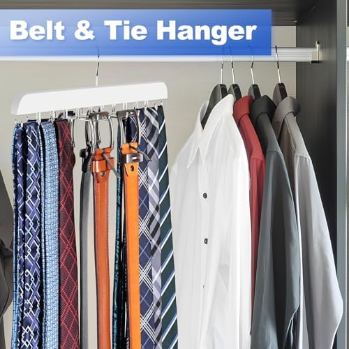 RESOVO Upgraded Tie Rack Hanger with 20 Foldable Metal Hooks, Space Saving Necktie Organizer for Men – Large Capacity Tie and Belt Wooden Hanger for Closet - White - Image 5