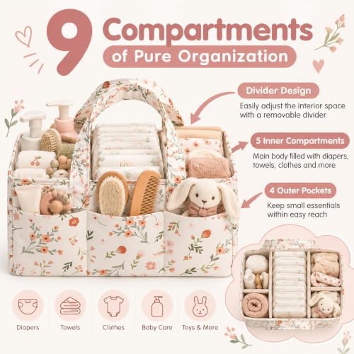 PeraBella Baby Diaper Caddy Organizer, Floral Baby Basket Shower Gift, Nursery Organizer Basket Newborn Boy & Girl Essential Items, Changing Table Organizer Caddy for Baby Stuff, Car Caddy- Wildflower - Image 3