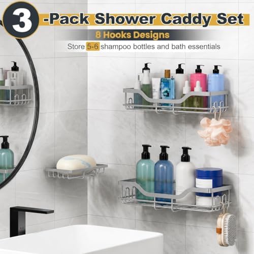 OMAIRA 3-Pack Shower Caddy with Soap Holder, Adhesive Rustproof No-drill Strudy Loading Inside Shower Organizer Shelves Rack Storage Bathroom Organization for Smooth Wall Glass Tile, Grey - Image 4