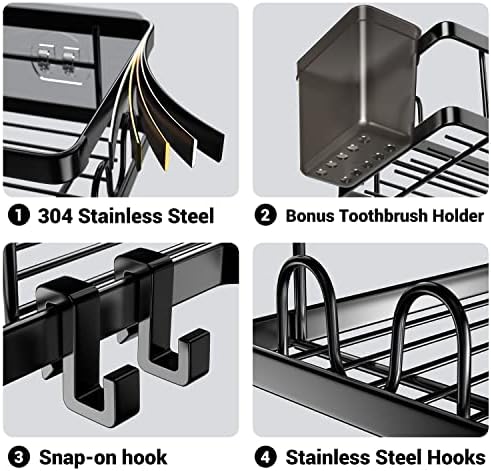 AKTECKE Corner Shower Caddy, 2 Pack Adhesive Shower Corner Organizer Shelves, No Drilling Stainless Steel Shower Storage Rack with Hooks&Toothpaste Holder for Bathroom Kitchen （for 90° Corners Only） - Image 4