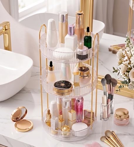 Aveniee 3-Tier 360° Rotating Makeup Organizer, Clear Spinning Perfume Cosmetic Storage for Vanity Countertop, Sturdy Metal Pole Skincare Holder Stand for Bathroom Dresser, White (Pack of 2) - Image 4