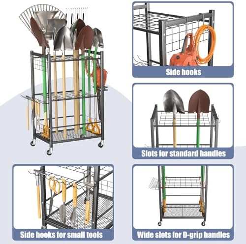 WALMANN Garden Tool Organizer on Wheels, Rakes/Shovels/Yard Tools Stand, M - Image 4