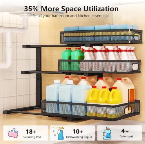 3-Tier Under Sink Organizer, Slide Out Drawer Rack, Black, 2 Pack - Image 4
