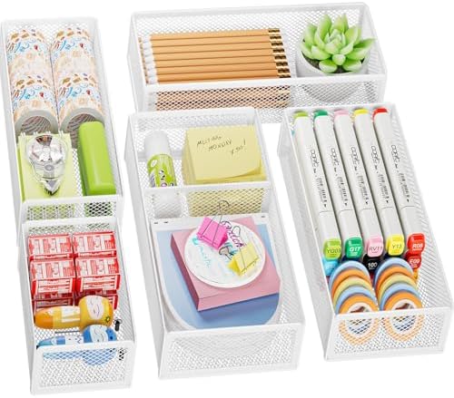 Marbrasse 5 Pack Desk Drawer Organizer Set, Mesh Drawer Storage Trays with 1 Adjustable Divider, Desk Organizers and Accessories, 5 PCS Drawer for Office Supplies, Makeup & Vanity (White) by Marbrasse