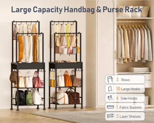 DIMJ Purse Organizer for Closet - Floor-standing Handbag Organizer Rack with 16 Hooks, Purse Storage Shelf Stand for Handbags, Totes, Wallets, Scarves, Bedroom Entryway and Walk-in Closet, Black - Image 2