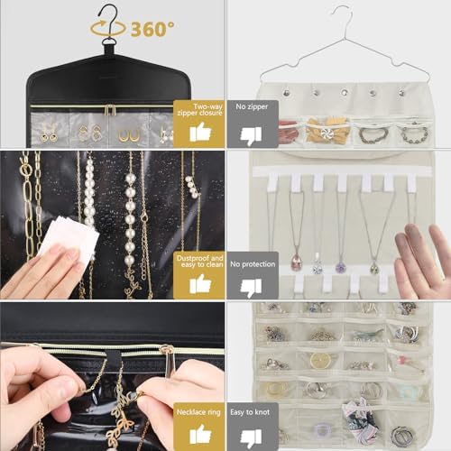 CHICECO Travel Jewelry Holder Organizer,Hanging Jewelry Organizer Storage with Zippered Pockets for Cloest,Jewelry Holder for Earrings, Necklaces (Grey Black) - Image 2