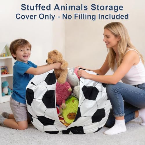 Lukeight Soccer Stuffed Animal Storage Bean Bag Chair Cover for Kids (No Filler), Velvet Plush Toy Organizer Seat, Long YKK Zipper, Side Pocket, Large 27"D x 16"H - Image 4